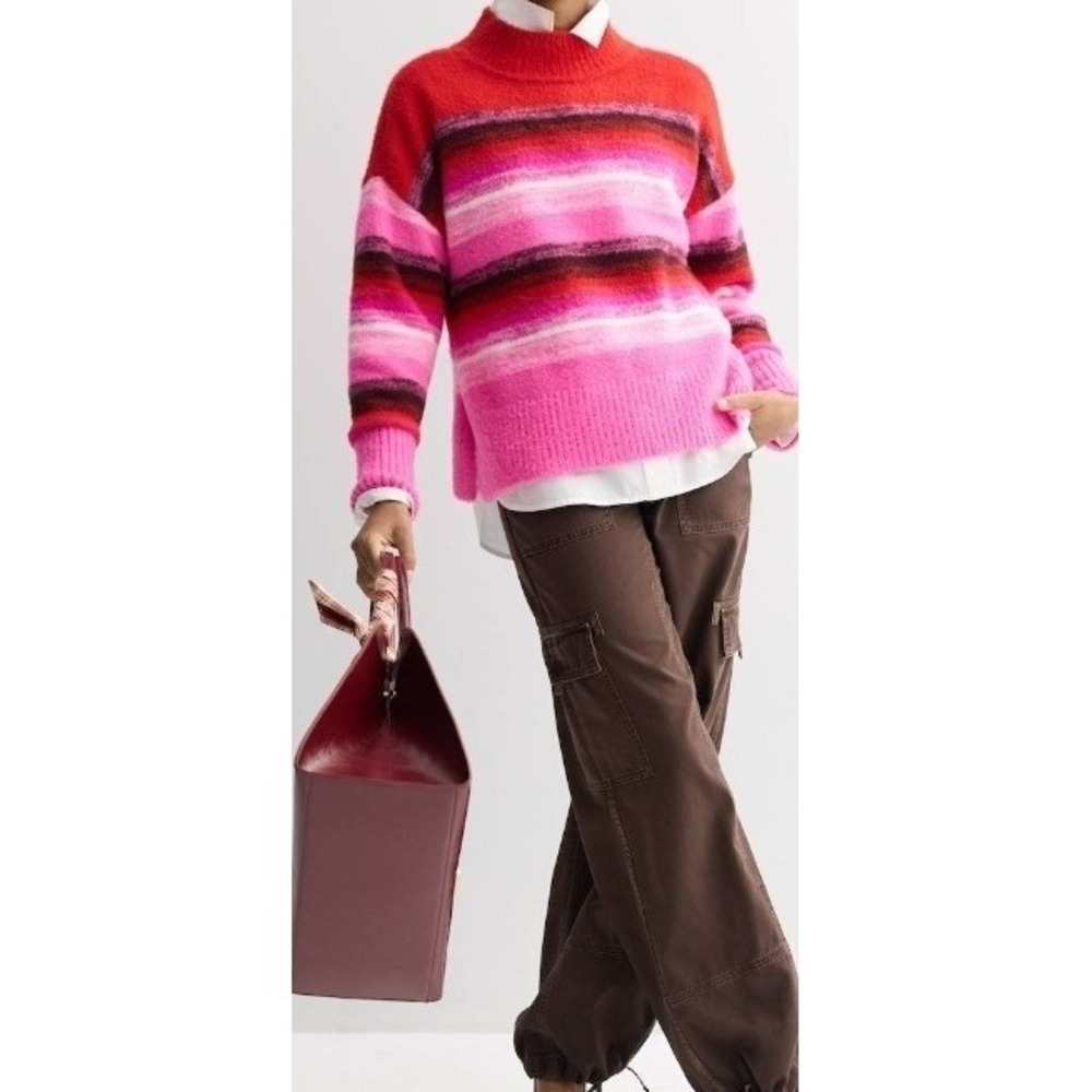 Nine West Women Pink Red Striped Plush Scandi Preppy Pullover Sweater 2X NEW